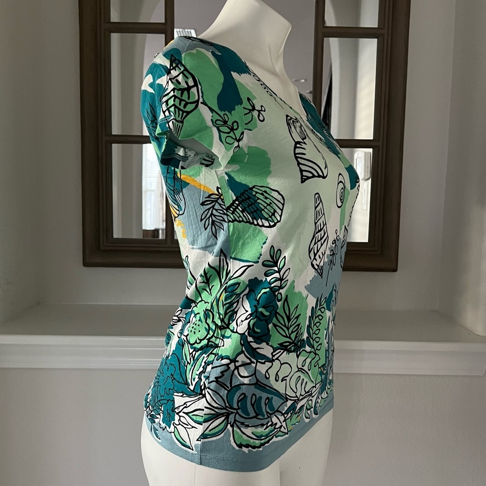 Ann Taylor Crew Neck Top Cotton Marine Green Multi Short Sleeve Size S NEW - Picture 3 of 9
